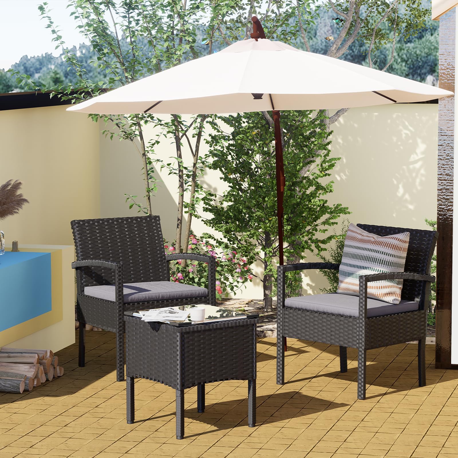 MEISSALIVVE 3 Pieces Outdoor Patio Furniture Set, Small Wicker Bistro Conversation Set for Porch and Balcony, All Weather PE Rattan Chairs with Table, Backyard Garden Furniture (Grey)