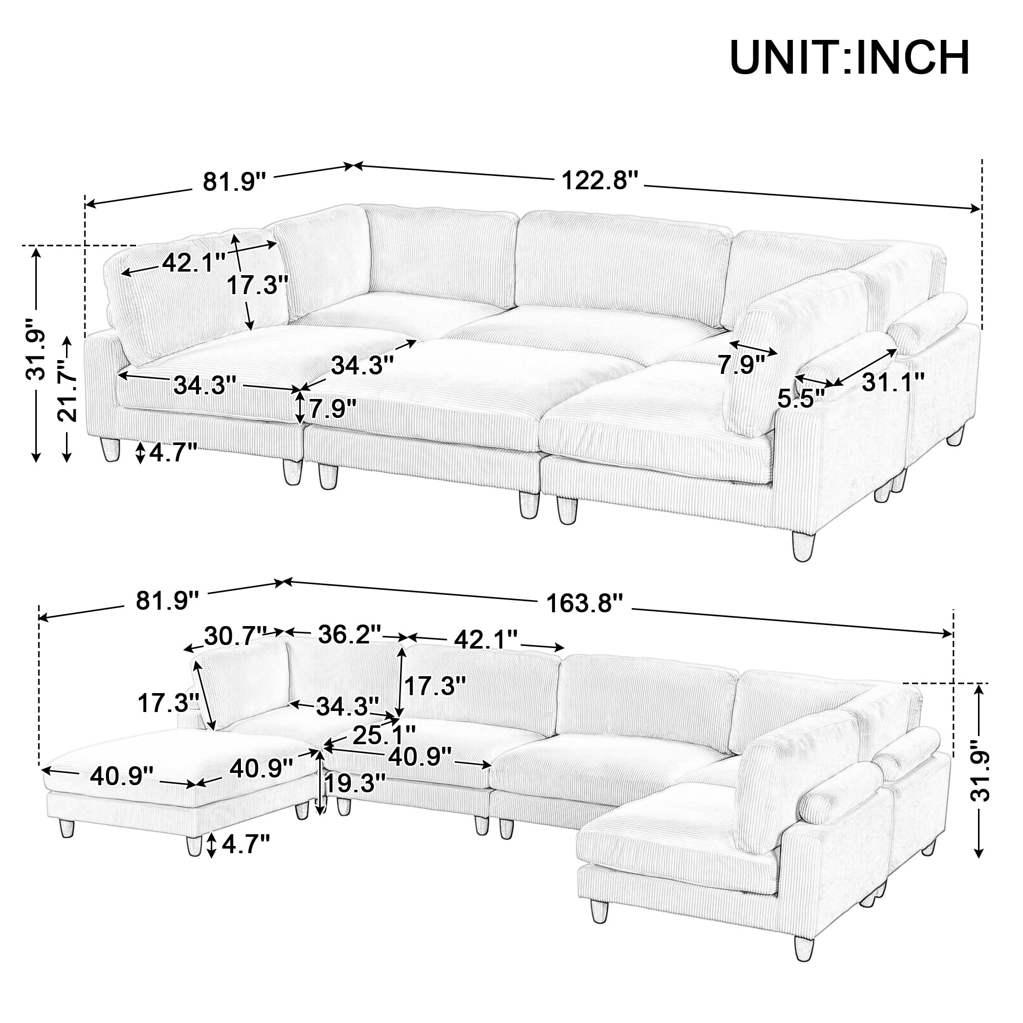 Merax 163" Modular Big Sectional Sofa with Ottoman L Shaped Corner Couch 6-Seater for Apartment,Grey