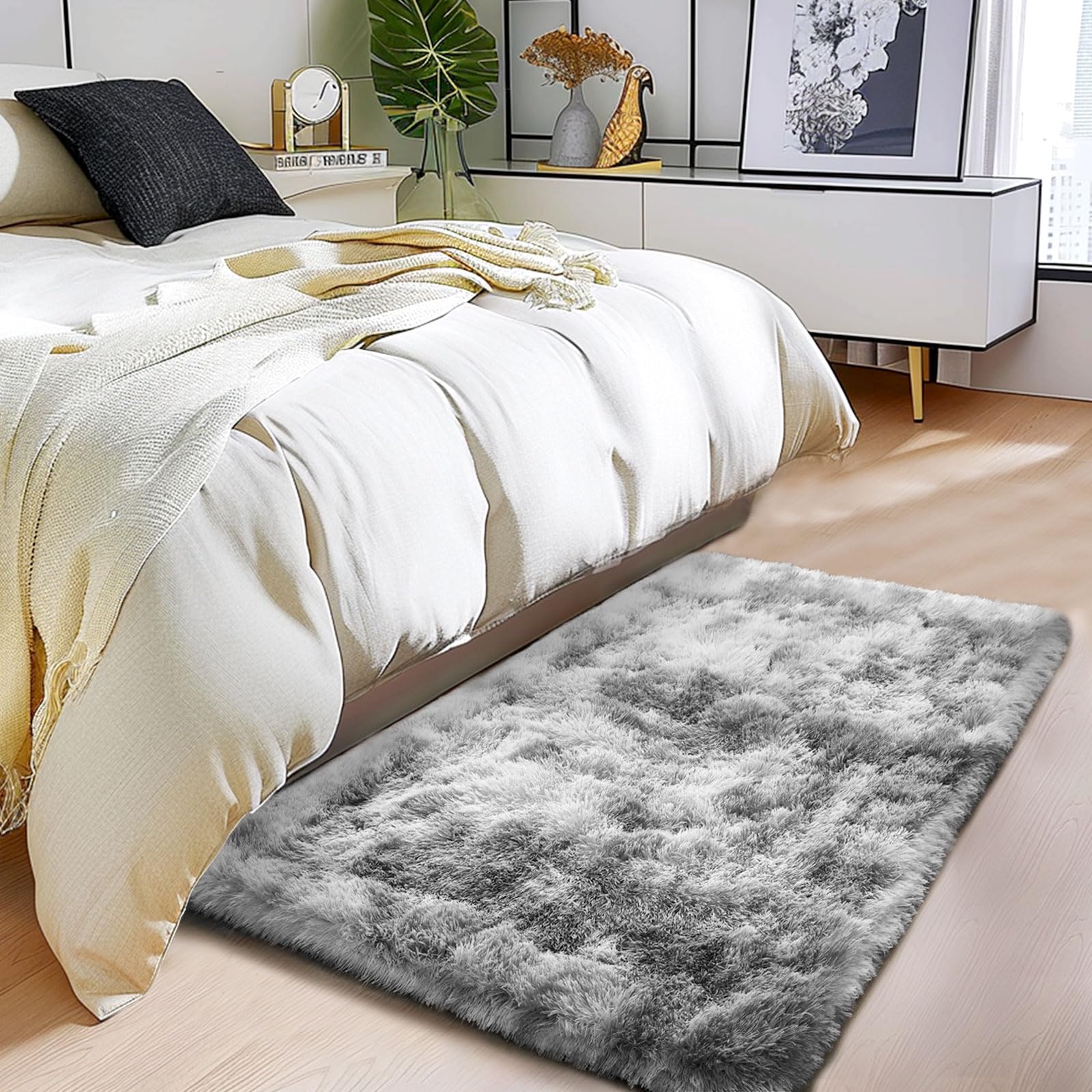 Ultra Soft Fluffy Rugs for Bedroom, Anti-Skid Indoor Carpet Nursery Rugs for Kids Room Home Decor, Rectangular Fuzzy Rug Tie-Dyed Light Grey 2x3 Feet