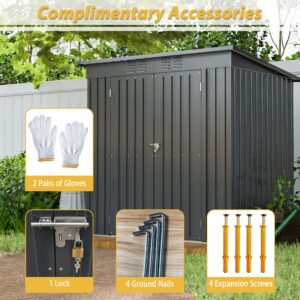 6x4 FT Outdoor Storage Shed, Galvanized Metal Garden Storage Shed, Waterproof Garden Tool Shed Storage, Slooping Roof, Lockable Double Doors & Vents, for Garden Backyard Patio, Dark Grey(Floor Frame)