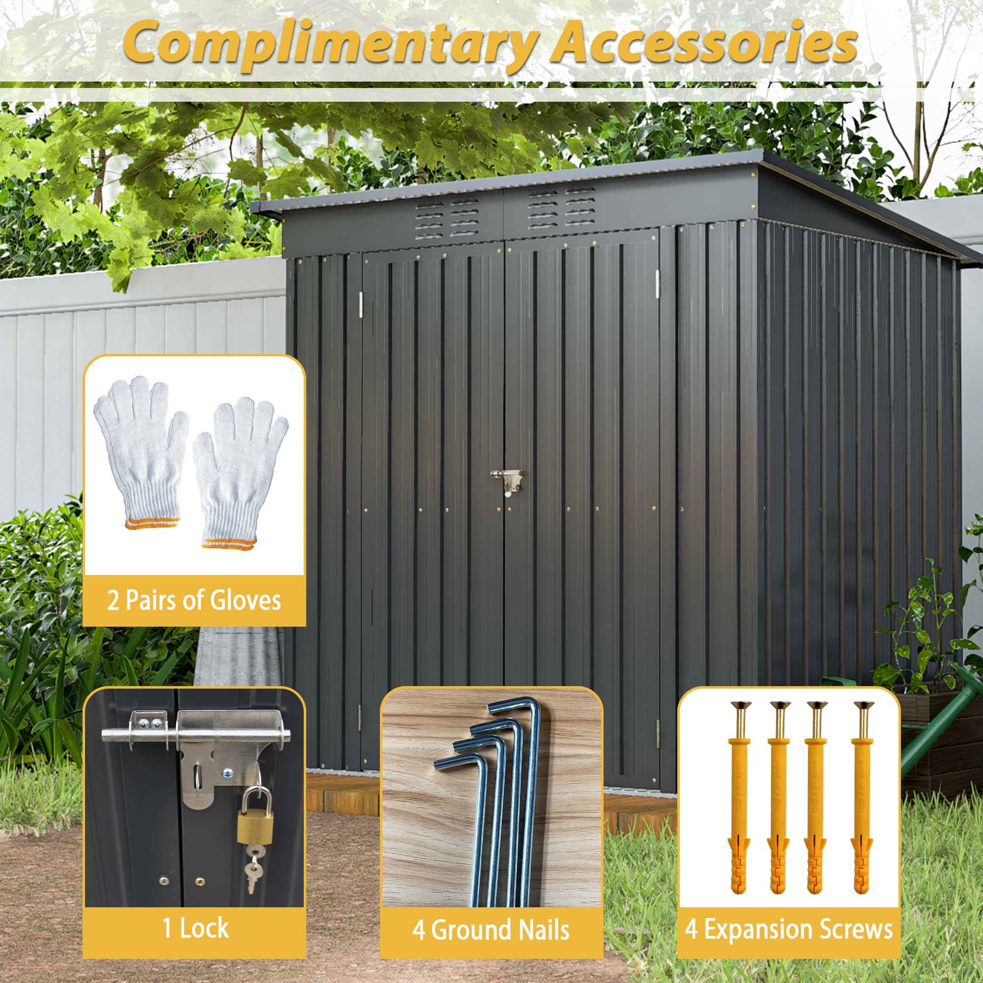 6x4 FT Outdoor Storage Shed, Galvanized Metal Garden Storage Shed, Waterproof Garden Tool Shed Storage, Slooping Roof, Lockable Double Doors & Vents, for Garden Backyard Patio, Dark Grey(Floor Frame)