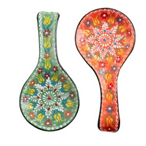 bcs spoon rest set of 2 - ceramic spoon holder for stovetop & kitchen counter - dishwasher safe handmade kitchen utensil (green-orange 4.5” w x 9" l)