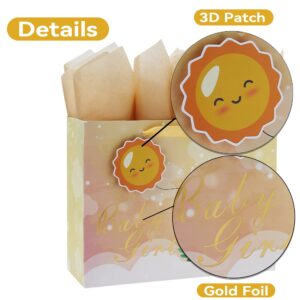 13” Large Light Yellow Cute Elephant Gift Bag Set with Greeting Card and Tissue Paper (3D Sun and Gold Foil ‘Baby Girl’) for Baby Girl, Baby Shower, Kids Birthday Party, Newborn, New Moms or Parents-13”x5.2”x10.2”, 1 Pcs.