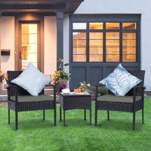 MEISSALIVVE 3 Pieces Outdoor Patio Furniture Set, Small Wicker Bistro Conversation Set for Porch and Balcony, All Weather PE Rattan Chairs with Table, Backyard Garden Furniture (Grey)