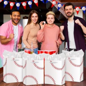 Baseball Party Gift Bag, Large White Baseball Gift Wrap Bags with Tissue Paper Greeting Card Decorations for Sport Party Favor Baseball Birthday Goodie Gifts Wrapping Bags for Kids Teens Team Supplies