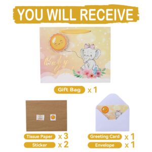 13” Large Light Yellow Cute Elephant Gift Bag Set with Greeting Card and Tissue Paper (3D Sun and Gold Foil ‘Baby Girl’) for Baby Girl, Baby Shower, Kids Birthday Party, Newborn, New Moms or Parents-13”x5.2”x10.2”, 1 Pcs.