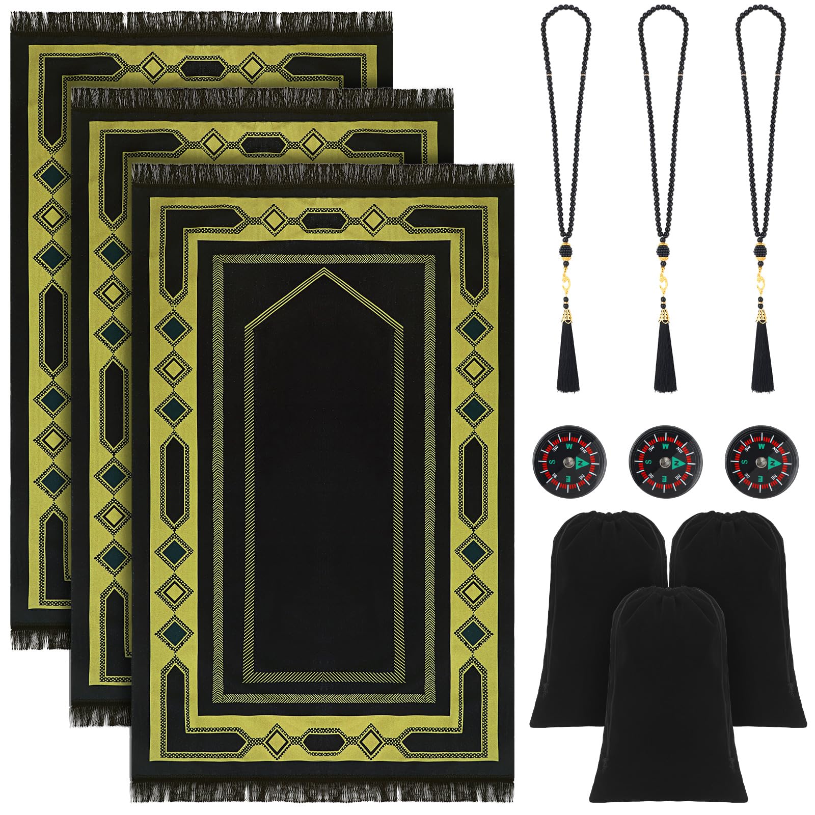 Mindsoft 12 Pcs Islamic Muslim Prayer Rug with Prayer Beads Portable Compass Storage Bags Islam Soft Prayer Mat for Men Women Kids Ramadan Eid Travel Gifts (Delicate)