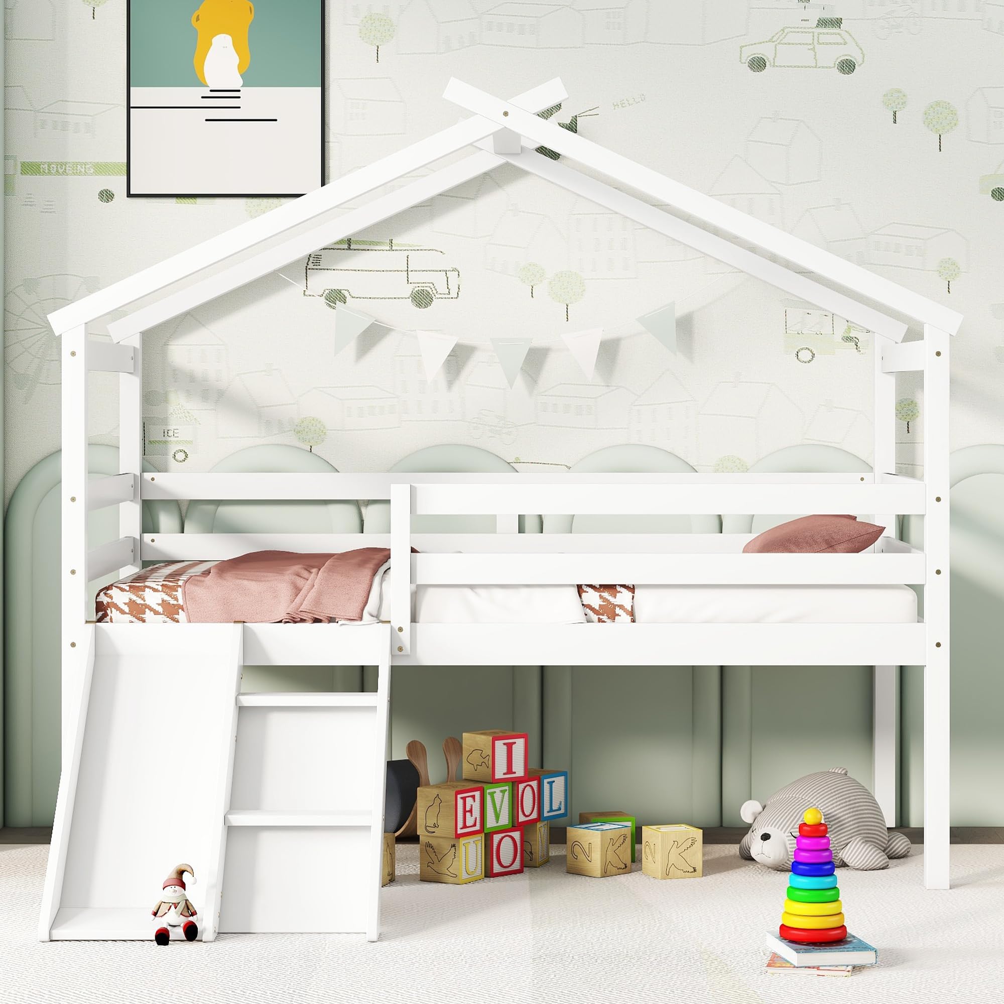 Bekeknlny Twin Low House Bed for Kids with Slide, Ladder, Safety Guardrails, Modern Wood Loft Bed for Boys Girls, No Box Spring Needed (White/House*L, Twin)