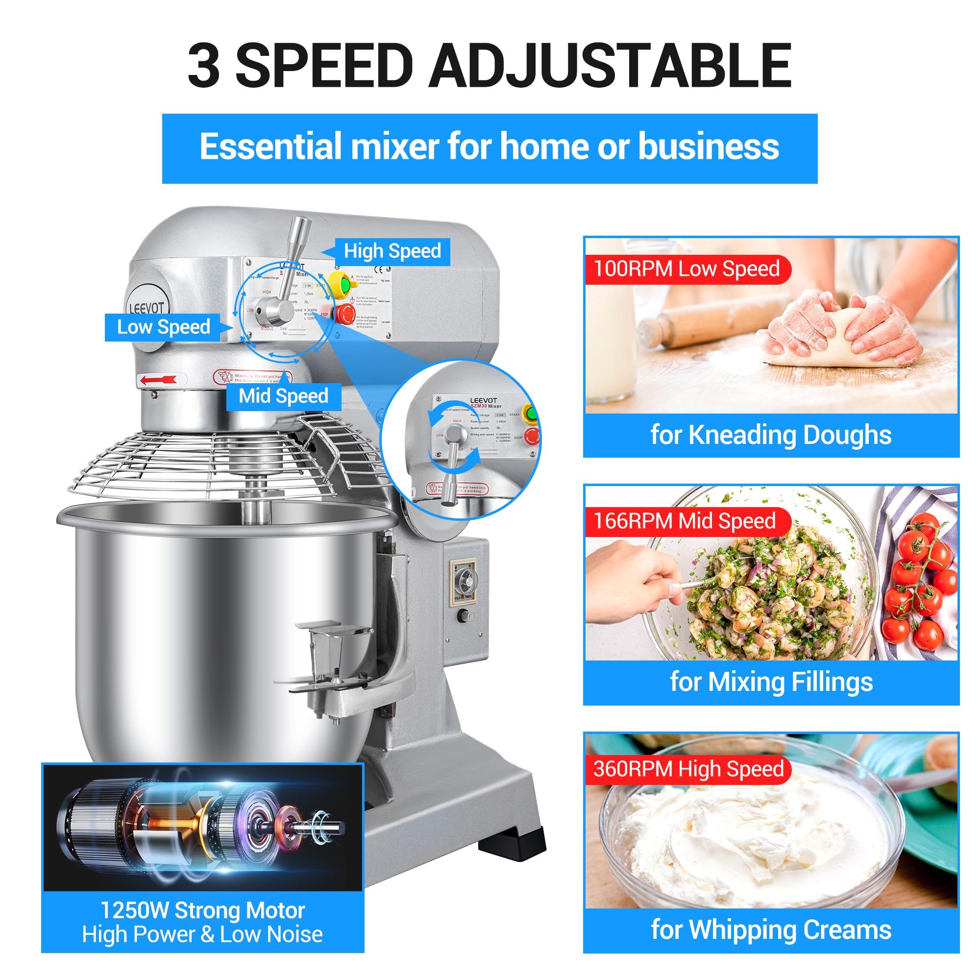 LEEVOT 30Qt 1250W Commercial Food Mixer, Commercial mixer 3-Speed Adjustable Heavy Duty Stand Mixer with Stainless Steel Bowl for Bakery Pizzeria.