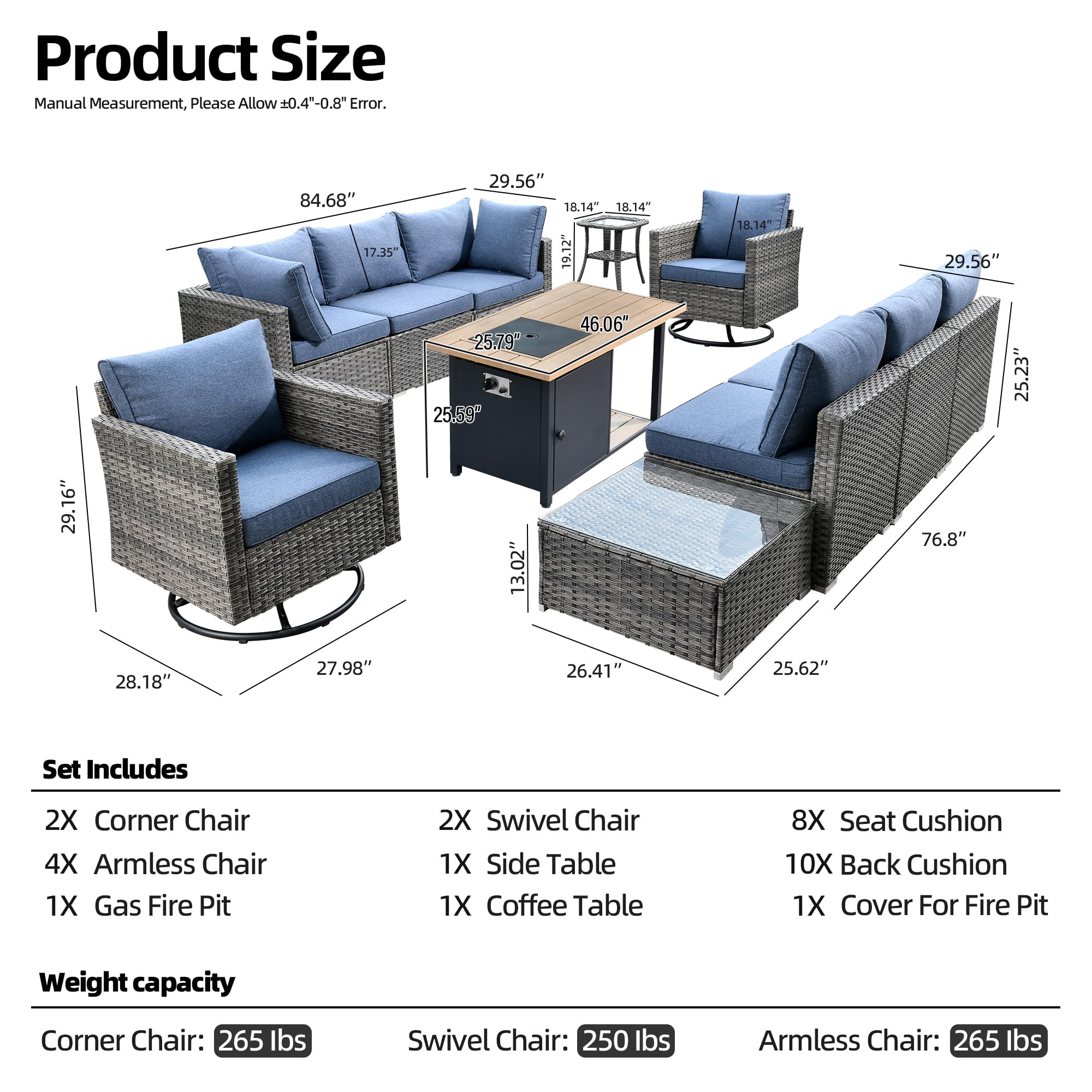 CAODOC 11 Pieces Outdoor Patio Furniture Set, Rattan Wicker Sectional Swivel Rocker Chairs Sets with Fire Pit, Swivel Glider Chairs, and Coffee Table