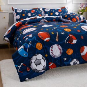 A Nice Night 6Pcs Bed in A Bag Twin Sports Microfiber Modern Comforter Set,Navy Rugby Ball Printed Bedding Collections,for Boys Kids Teen