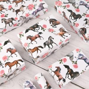 12 Sheets Horse Floral Wrapping Paper Run for The Roses Themed Gift Wrap Paper for Kentucky Derby Party Horse Racing Birthday Party DIY Craft, 19.7 × 27.6 Inch