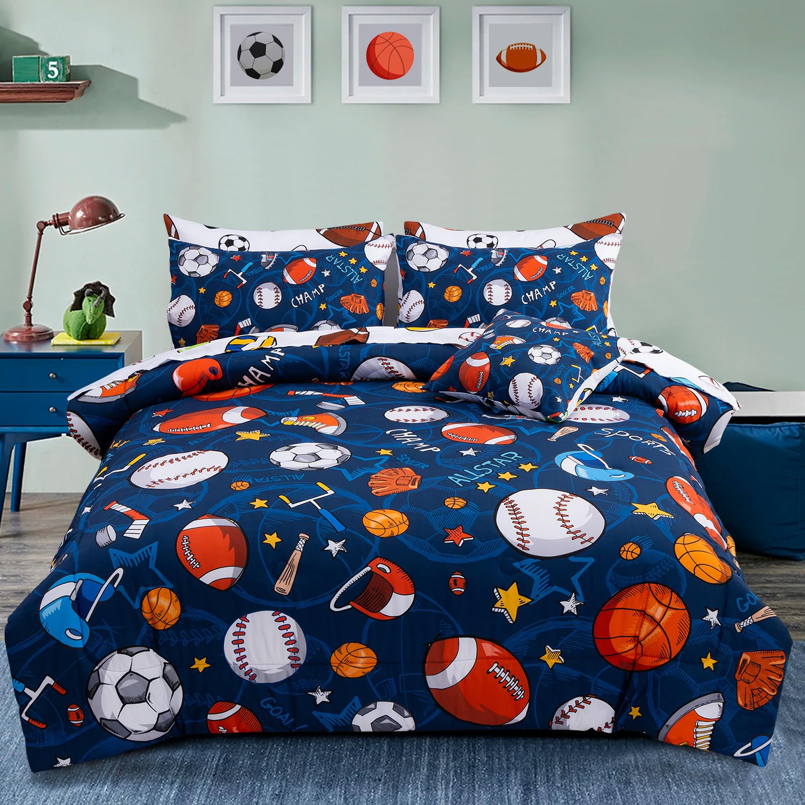 A Nice Night 6Pcs Bed in A Bag Twin Sports Microfiber Modern Comforter Set,Navy Rugby Ball Printed Bedding Collections,for Boys Kids Teen