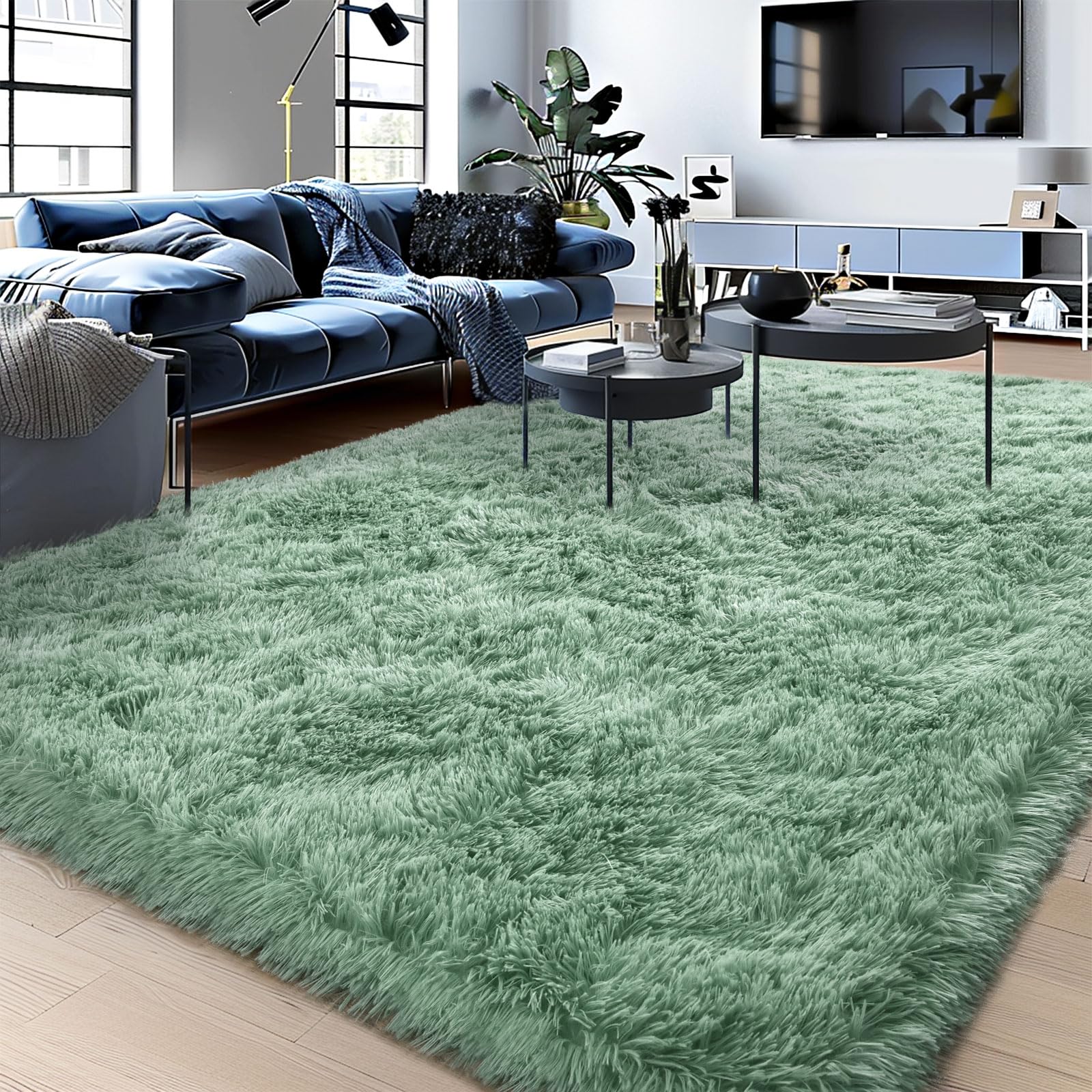 Fluffy Rug for Living Room Shaggy Soft Area Rug Mint Green Fuzzy Rug Non-Slip Indoor Floor Carpet, Rectangle 4x6 Feet