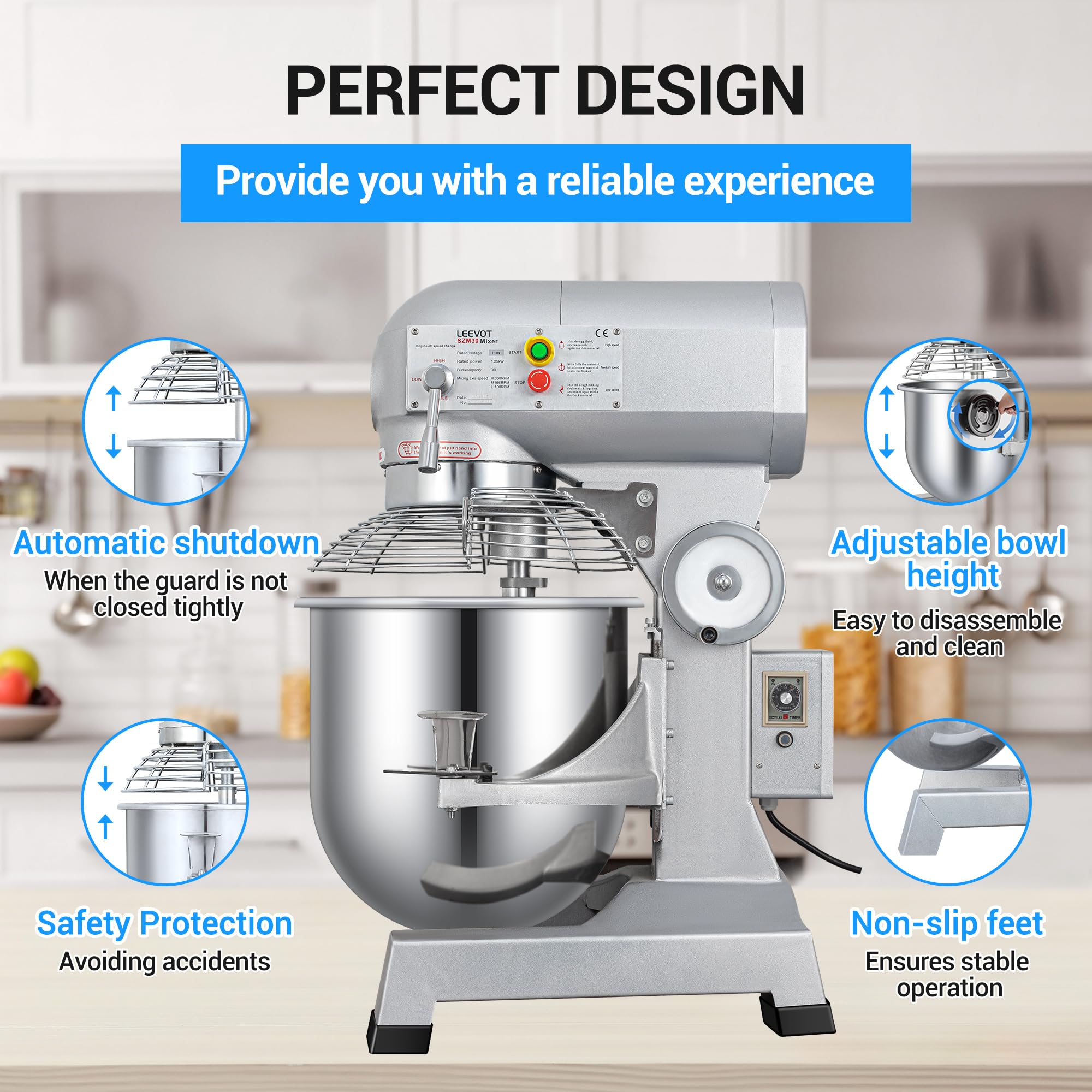 LEEVOT 30Qt 1250W Commercial Food Mixer, Commercial mixer 3-Speed Adjustable Heavy Duty Stand Mixer with Stainless Steel Bowl for Bakery Pizzeria.