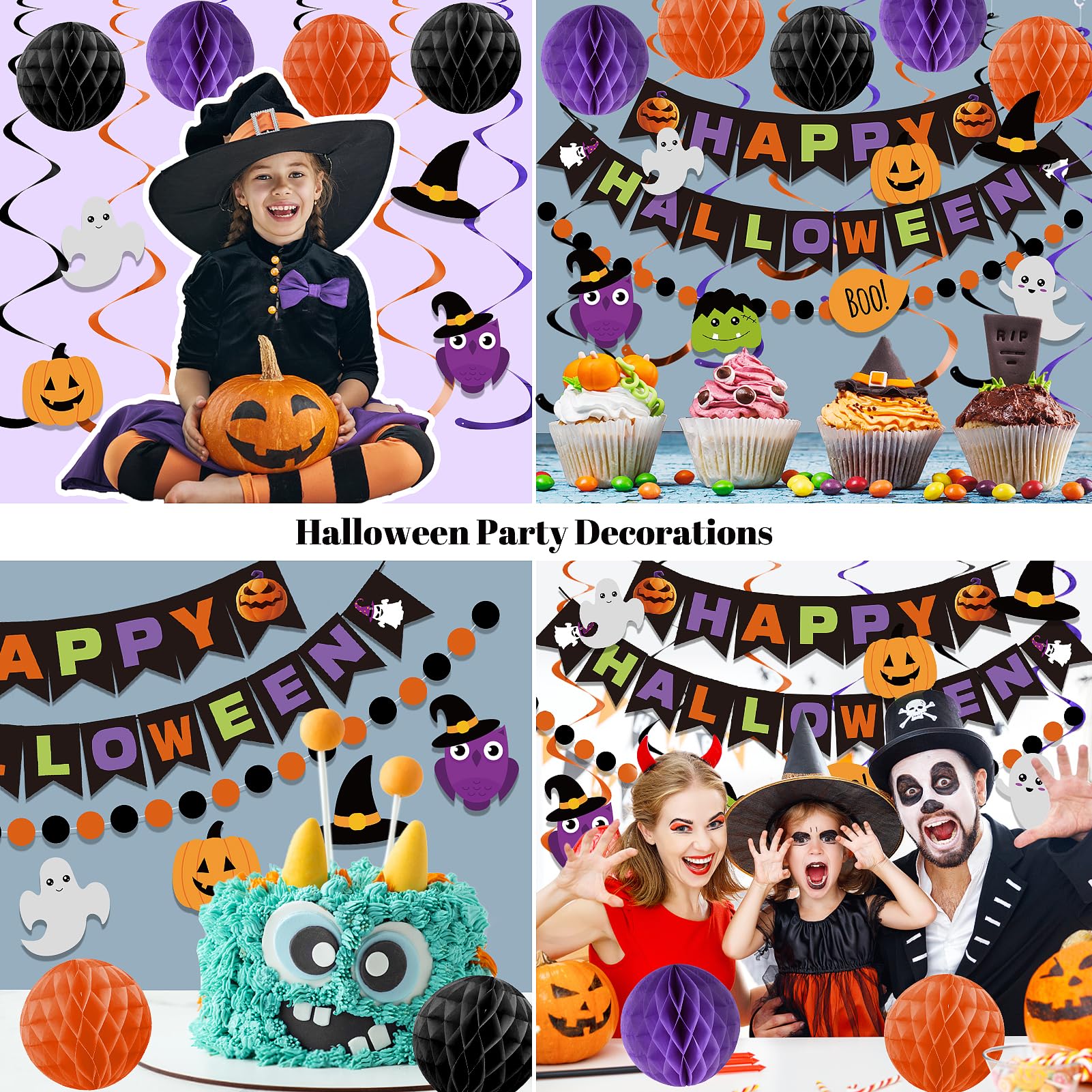 meowtastic Happy Halloween Banner Decorations - Halloween Banner with Honeycomb Ball, Halloween Hanging Swirl Streamer, Circle Dot Garland Decorations for Halloween theme Party Decorations