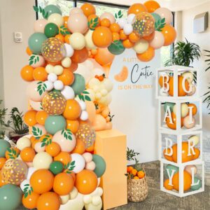 154PCS Little Cutie Baby Shower Balloon Boxes Decorations,Orange Balloon Garland Arch Kit with A Little Cutie is on the Way Backdrop, Baby Boxes with Letters for Orange Baby Shower Decorations