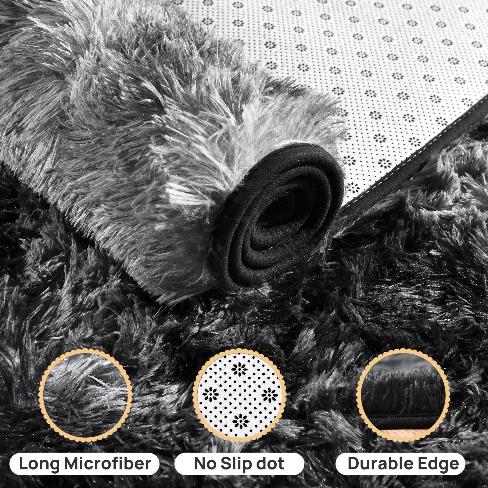 Shaggy Soft Fluffy Rug Non-Slip Indoor Floor Carpet for Living Room Anti-Skid Indoor Carpet Tie-Dyed Black Grey 2x3 Feet