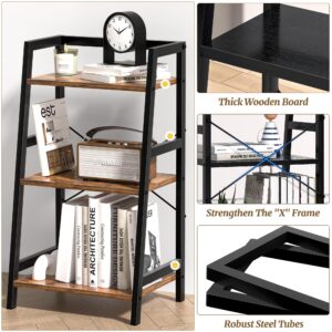 3-Tier Bookshelf, Ladder Shelf, Industrial Bookcase with Steel Frame, Metal Small Bookcase, for Living Room, Home Office, Kitchen, Bedroom, Industrial Style（Rustic Brown & Black）