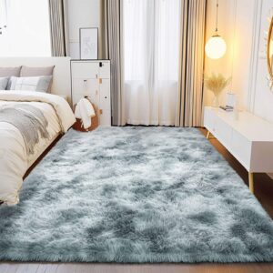 Isdook Fluffy Rug for Living Room Shaggy Soft Area Rug Plush Area Rugs for Bedroom Room Tie-Dyed Silver Grey Fuzzy Rug, Rectangle 8x10 Feet