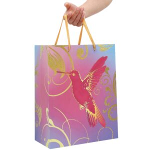 Qirrmiy 13" Large Pink Gift Bag Set with Greeting Card and Tissue Papers (A Pink Bird Design) for Celebrating Birthdays, Weddings, Anniversaries and Mother's Day-10.2”x5.2”x13”, 1 Pcs.