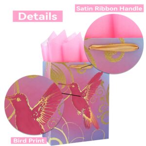 Qirrmiy 13" Large Pink Gift Bag Set with Greeting Card and Tissue Papers (A Pink Bird Design) for Celebrating Birthdays, Weddings, Anniversaries and Mother's Day-10.2”x5.2”x13”, 1 Pcs.