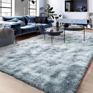 isdook fluffy rug for living room shaggy soft area rug plush area rugs for bedroom room tie-dyed silver grey fuzzy rug, rectangle 5x7 feet