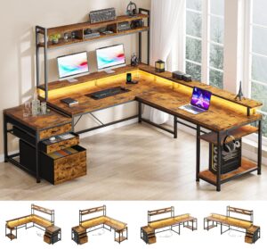 enhomee l shaped desk with drawers large l shaped gaming desk with led & storage shelf reversible gaming desk with monitor stand power & outlet wide home office desks with file cabinet brown