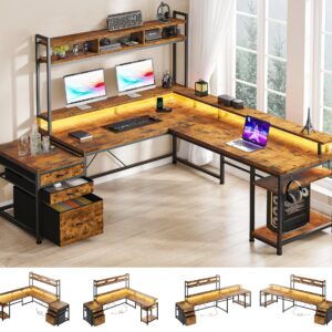 EnHomee L Shaped Desk with Drawers Large L Shaped Gaming Desk with LED & Storage Shelf Reversible Gaming Desk with Monitor Stand Power & Outlet Wide Home Office Desks with File Cabinet Brown