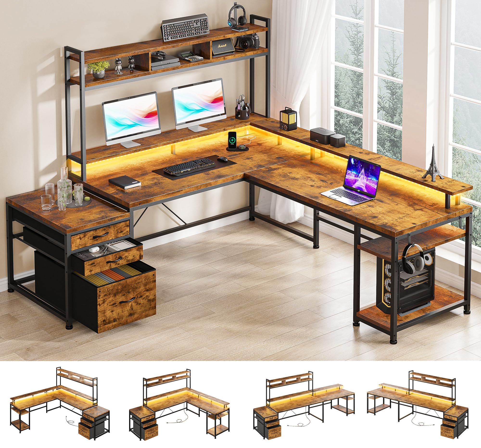 EnHomee L Shaped Desk with Drawers Large L Shaped Gaming Desk with LED & Storage Shelf Reversible Gaming Desk with Monitor Stand Power & Outlet Wide Home Office Desks with File Cabinet Brown