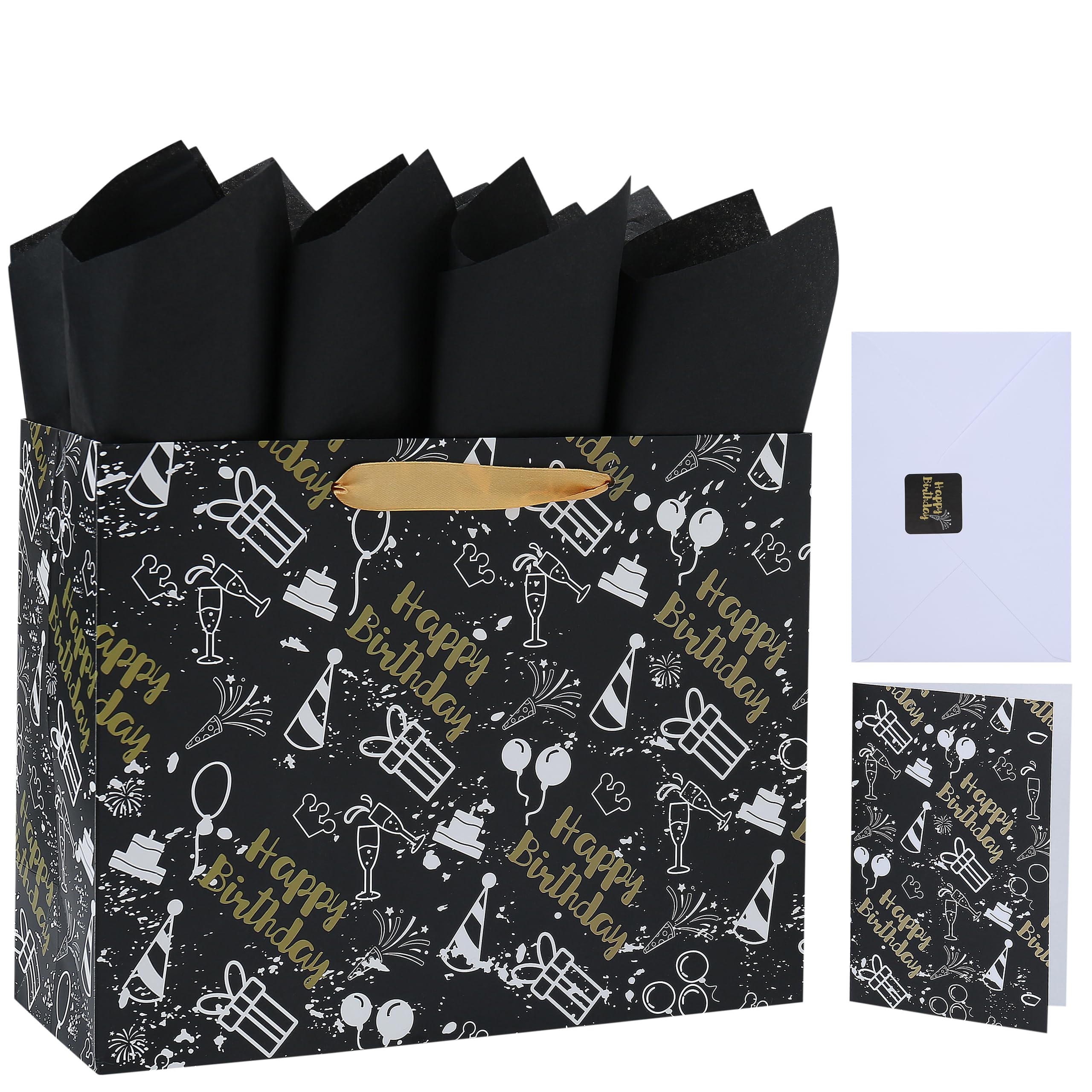 13" Large Black Gift Bag Set with Greeting Card and Tissue Papers (Cakes and Gifts Design) for Men's or Women's Party, Boys', Girls' or Kids' Birthday Parties, Baby Boy or Girl, Baby Shower-13”x5.2”x10.2”, 1 Pcs.