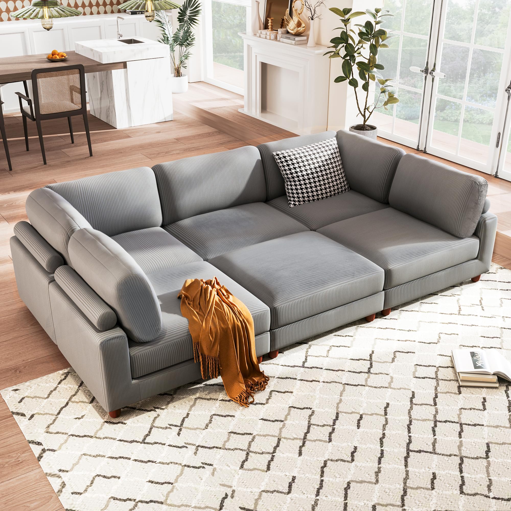 Merax 163" Modular Big Sectional Sofa with Ottoman L Shaped Corner Couch 6-Seater for Apartment,Grey