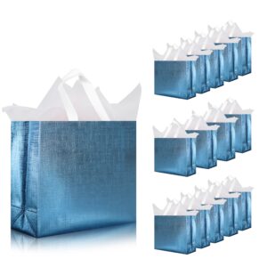 cabzymx 16 pcs glossy blue reusable gift bags, metallic bling design holiday gift bags with handles & bases, non-woven goodie bags bulk for birthday, wedding, parties, graduation- 12.6x4.7x11 in