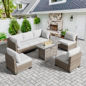 SUNPEAK Patio Furniture Set Q01 Series Sofa 7 Pieces Outdoor Furniture Set Sectional Couch with Fire Pit Table Balcony Furniture Patio Table and Chairs Set with Propane Fire Pit