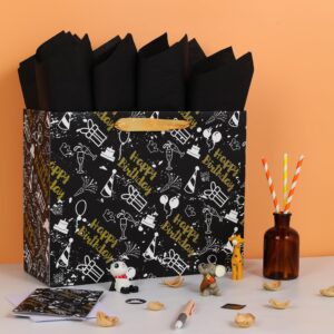 13" Large Black Gift Bag Set with Greeting Card and Tissue Papers (Cakes and Gifts Design) for Men's or Women's Party, Boys', Girls' or Kids' Birthday Parties, Baby Boy or Girl, Baby Shower-13”x5.2”x10.2”, 1 Pcs.