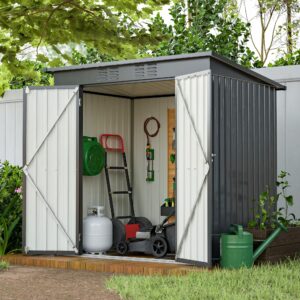 6x4 ft outdoor storage shed, galvanized metal garden storage shed, waterproof garden tool shed storage, slooping roof, lockable double doors & vents, for garden backyard patio, dark grey(floor frame)