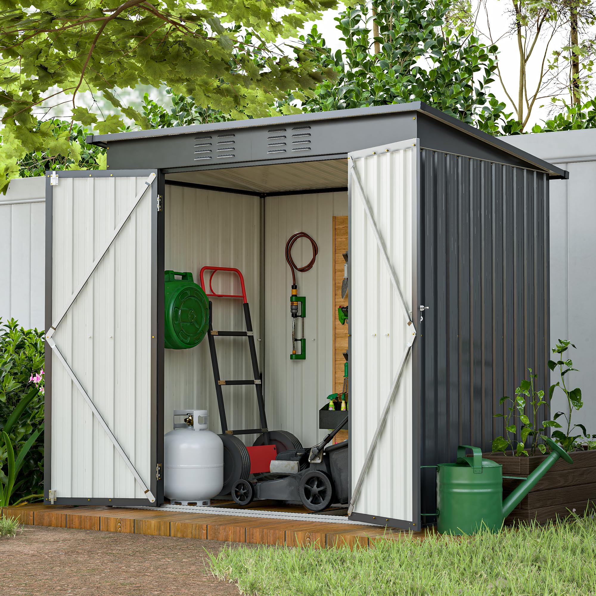 6x4 FT Outdoor Storage Shed, Galvanized Metal Garden Storage Shed, Waterproof Garden Tool Shed Storage, Slooping Roof, Lockable Double Doors & Vents, for Garden Backyard Patio, Dark Grey(Floor Frame)