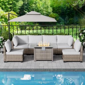 SUNPEAK Patio Furniture Set Q01 Series Sofa 7 Pieces Outdoor Furniture Set Sectional Couch with Fire Pit Table Balcony Furniture Patio Table and Chairs Set with Propane Fire Pit