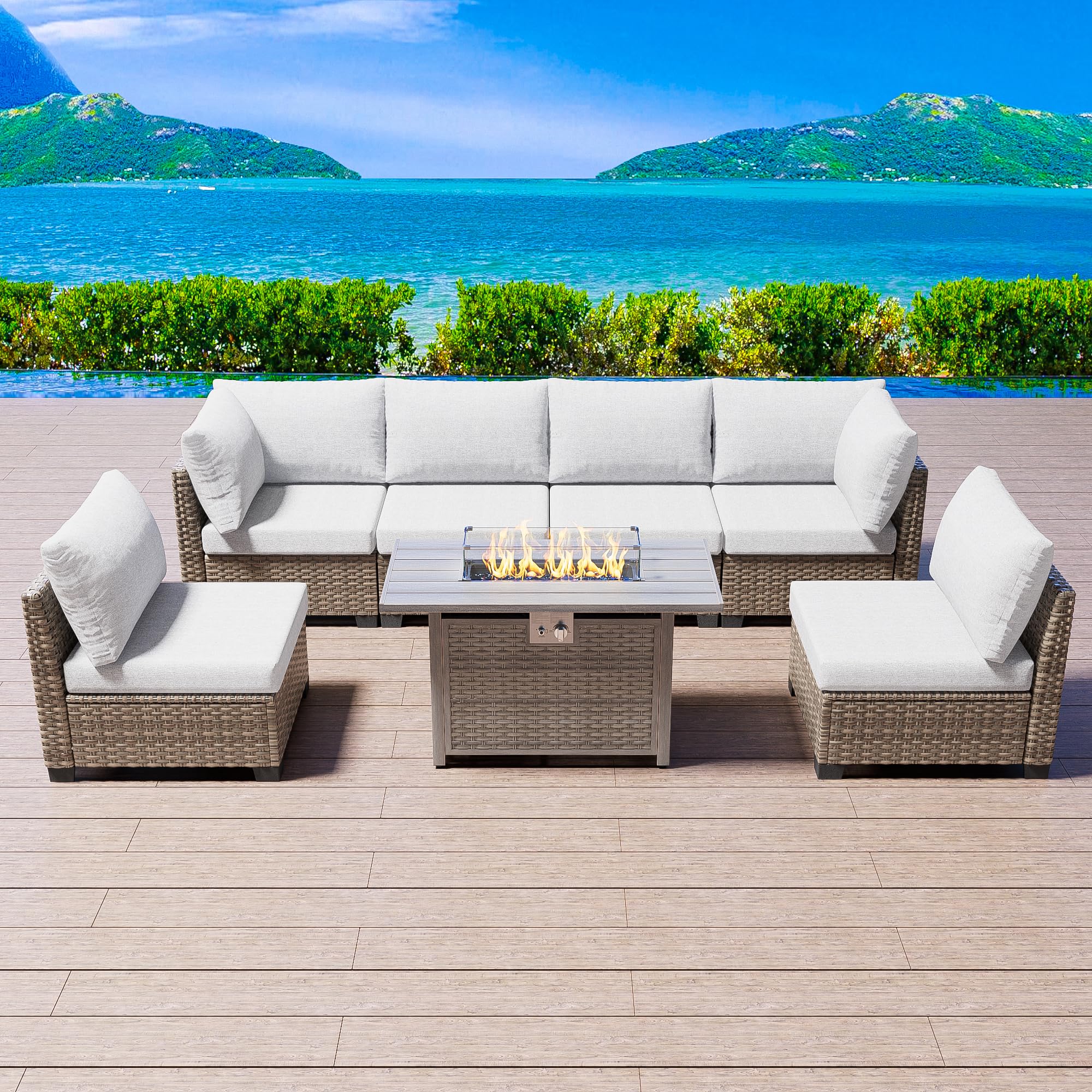 SUNPEAK Patio Furniture Set Q01 Series Sofa 7 Pieces Outdoor Furniture Set Sectional Couch with Fire Pit Table Balcony Furniture Patio Table and Chairs Set with Propane Fire Pit