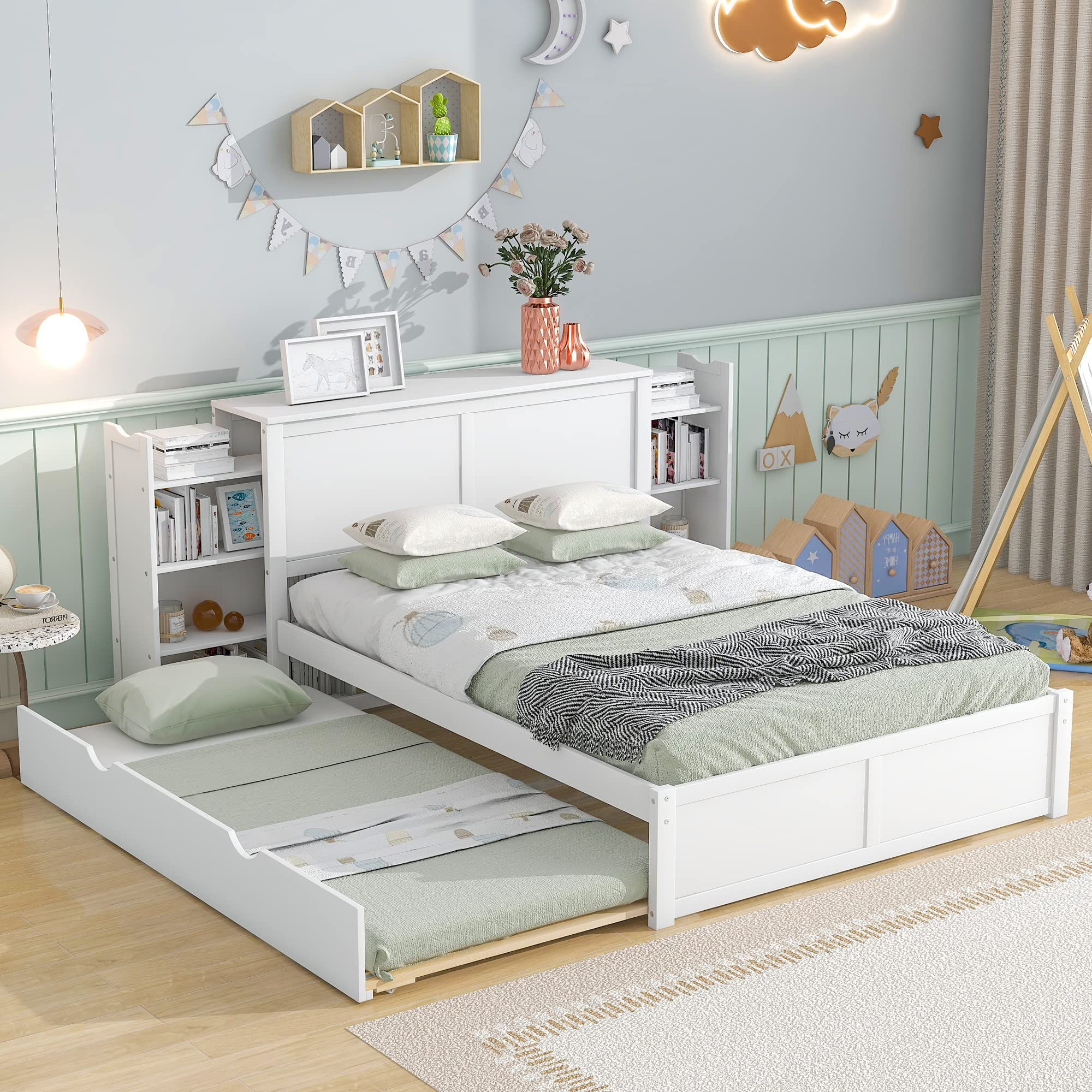 Acosure Full Size Storage Platform Bed with Pull Out Shelves and Twin XL Size Trundle,Bedroom Wood Bed Frame W/Headboard,No Box Spring Required,for Kids Teens Girls Boys,White