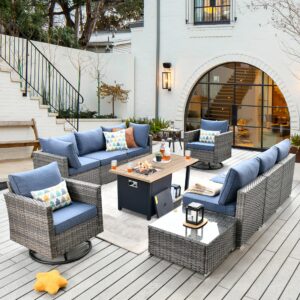 caodoc 11 pieces outdoor patio furniture set, rattan wicker sectional swivel rocker chairs sets with fire pit, swivel glider chairs, and coffee table