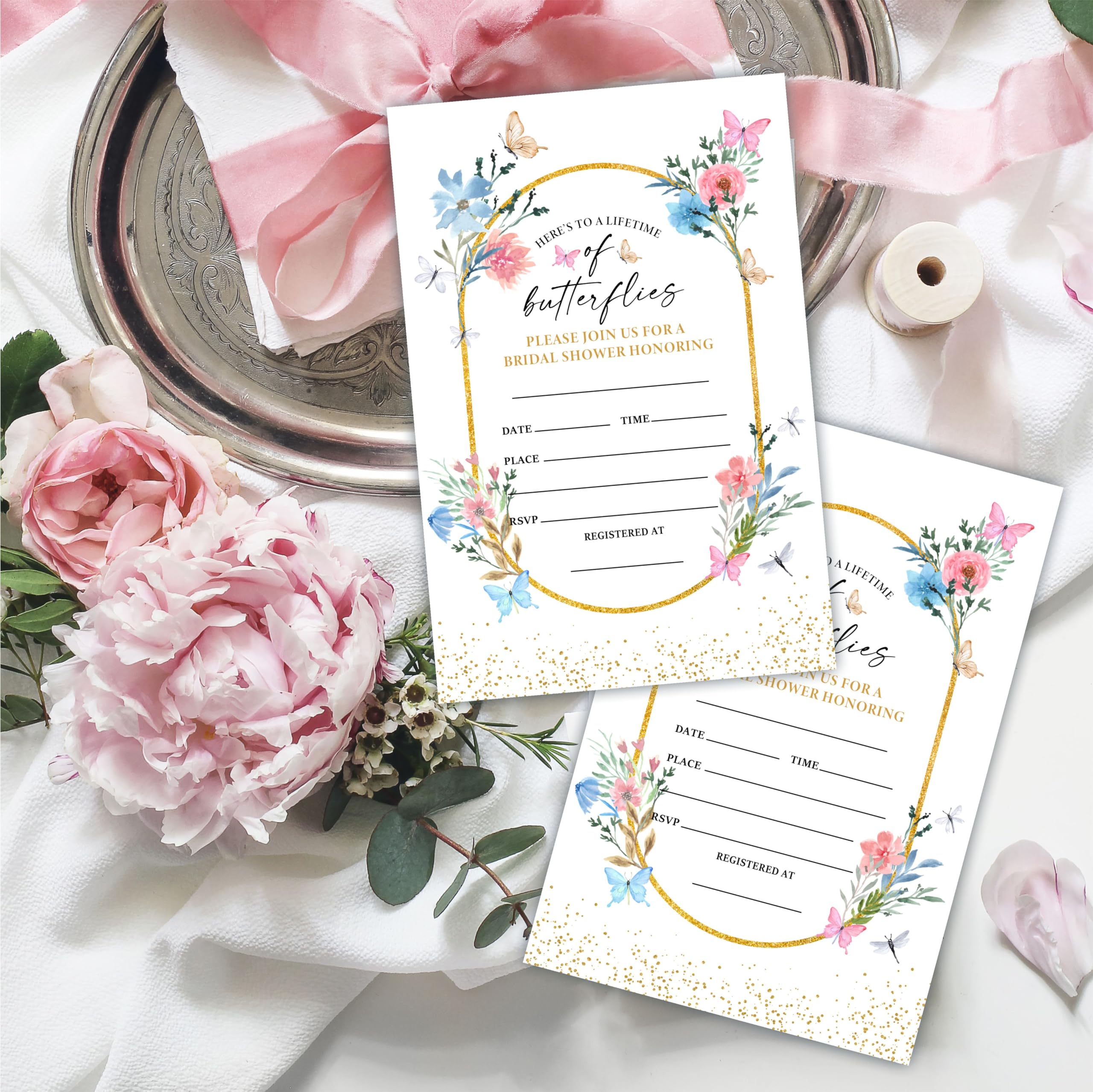 25 Bridal Shower Invitation Cards With Envelopes - Here's To A Lifetime Of Butterflies - Floral Golden Oval Invites For Newlyweds, Wedding & Bridal Shower Celebration, Party Favor & Decorations - B16