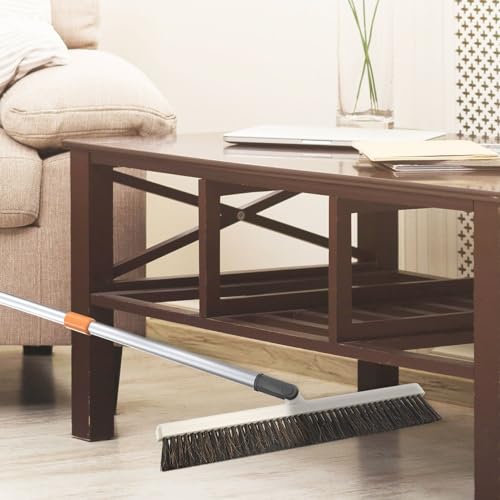 Horse Hair Broom, Broom for Hardwood Floors 18" Horsehair Swivel Kitchen Broom, Soft Bristle Broom with Telescopic Handle