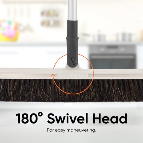 Horse Hair Broom, Broom for Hardwood Floors 18" Horsehair Swivel Kitchen Broom, Soft Bristle Broom with Telescopic Handle