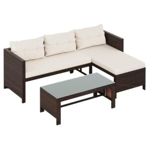 Shintenchi Outdoor Patio Furniture Sets, Wicker Patio sectional Sets 3-Piece, All Weather Wicker Rattan Patio Seating Sofas with Glass Coffee Table and Cushion (Beige)