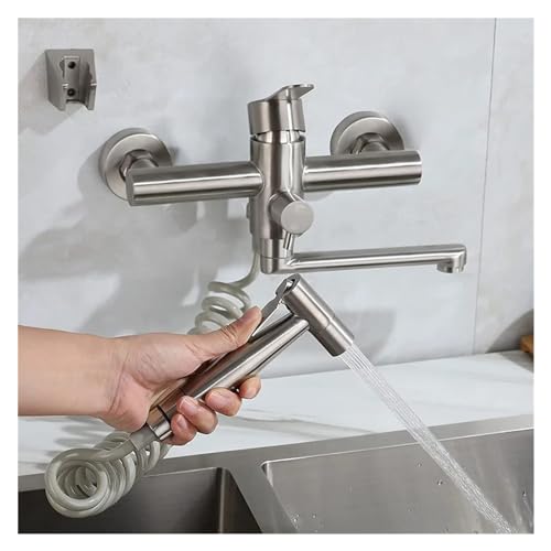 LKBEJMYY Stainless Steel Kitchen Brushed Extension 2 Functions Wall-Mounted Bathtub Mixing Valve Shower Faucet Hand Spray (Color : Faucet Set-1)