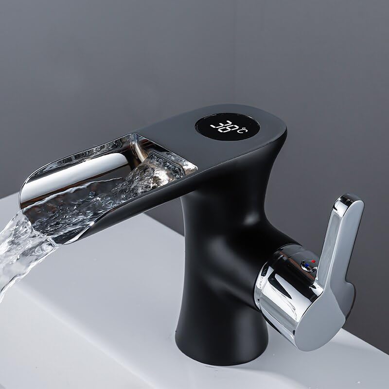 LIANTE LED Digital Basin Faucet Black Bath Basin Mixer Brass Temperature Display Faucet Smart Tap Sink Faucet Compatible with Bathroom A186 (Color : Black B),Kitchen Faucet