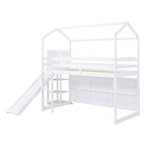 Harper & Bright Designs Kids Twin House Loft Bed with Slide, Storage Shelves and LED Light, Wood Twin Low Loft Bed with Guardrail and Ladder, Twin Playhouse Bed for Kids Teens Boys & Girls, White