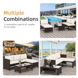 Shintenchi Outdoor Patio Furniture Sets, Wicker Patio sectional Sets 3-Piece, All Weather Wicker Rattan Patio Seating Sofas with Glass Coffee Table and Cushion (Beige)