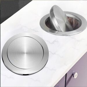 YOYDS Recessed Trash Bin Round Cover Stainless Steel Countertop Insert Cover Built-in Swing Flap for Mall Kitchen Bathroom Office (Sliver)